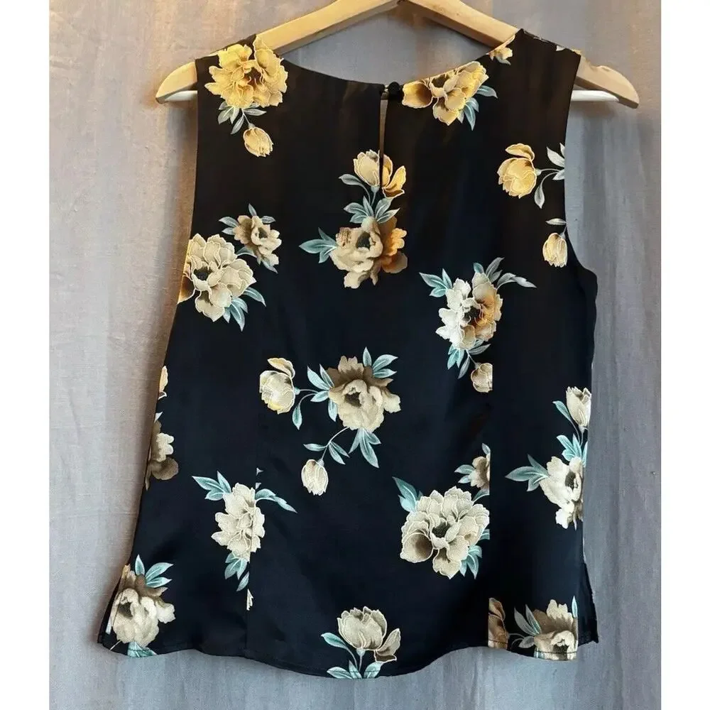 Kate Hill Silk Top Satin Black Tank Sleeveless Size 8 Floral Roses